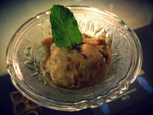 Since I couldn't find an appropriate picture, here's one, of a banana-almond-Nutella ice cream I once made at home:)