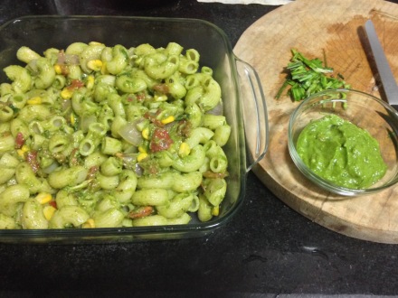 Yes, it's a green muddled mess, but it tastes fresh. The leftover pesto is a great bread-spread:)